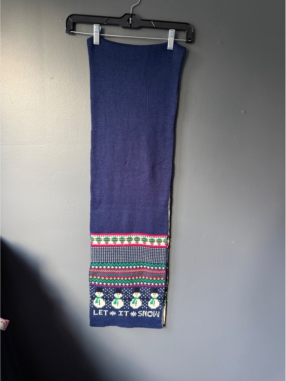 Kmart Navy Blue Acrylic Winter Scarf with Snowman and 'Let It Snow' Design